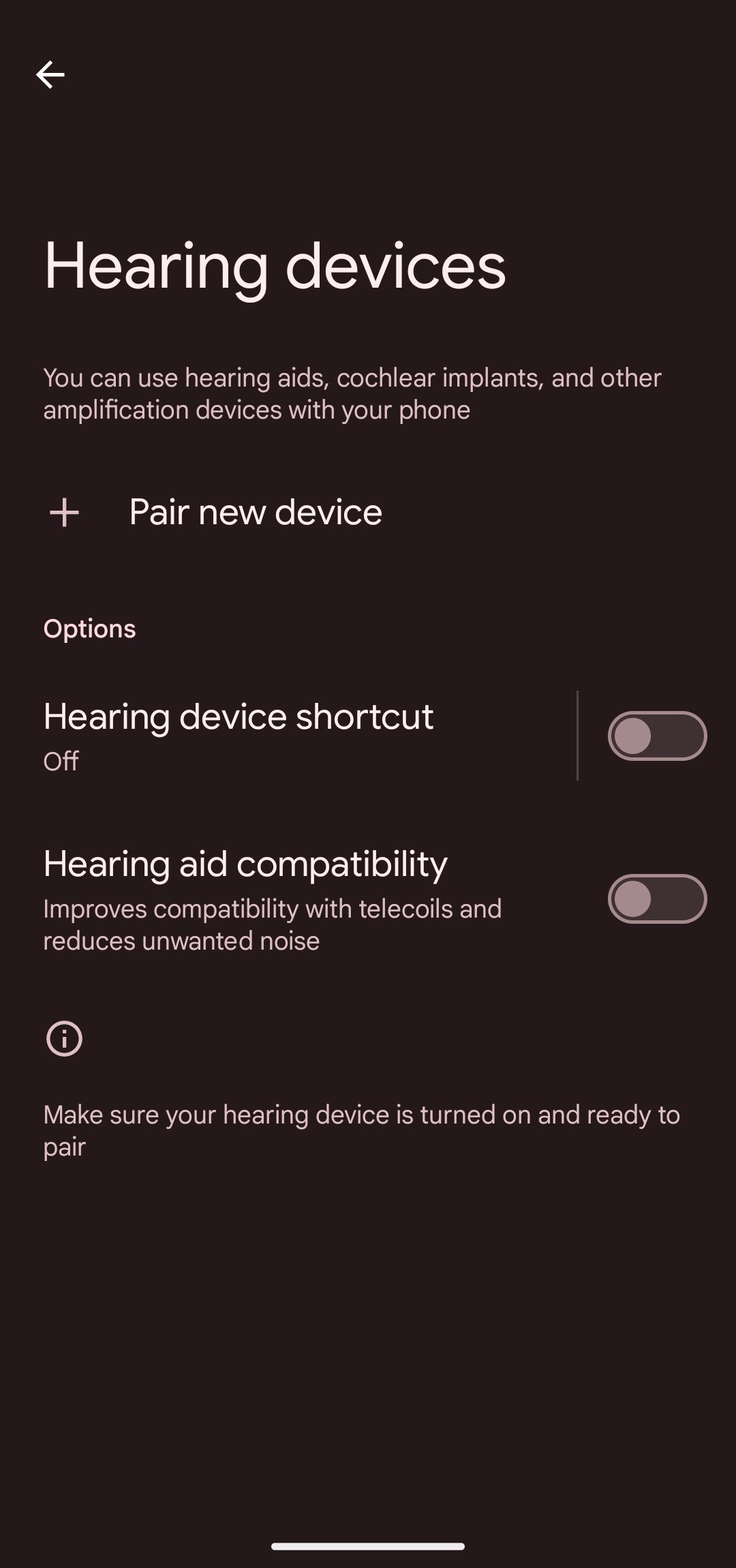 Página de dispositivos auditivos com emparelhamento de novo dispositivo e opções de alternância no Android 14