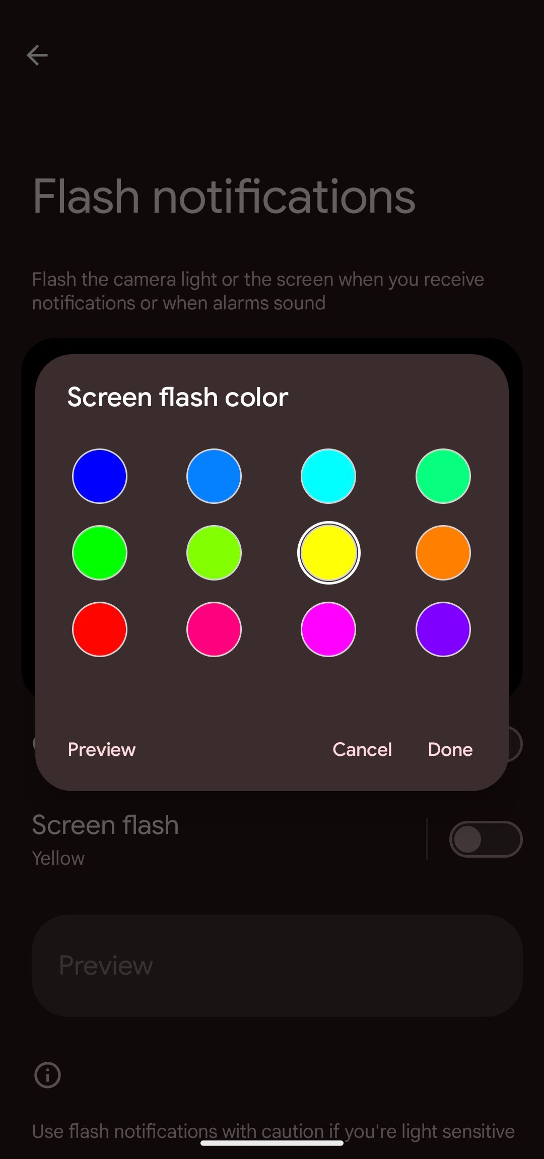 círculos de doze cores selecionáveis ​​para a cor do flash da tela