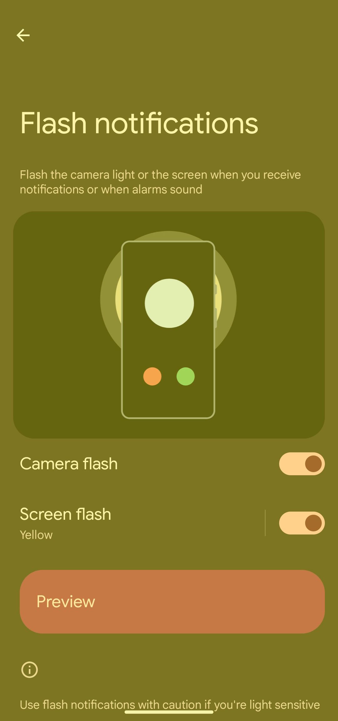 visualização do flash da tela de cor amarela