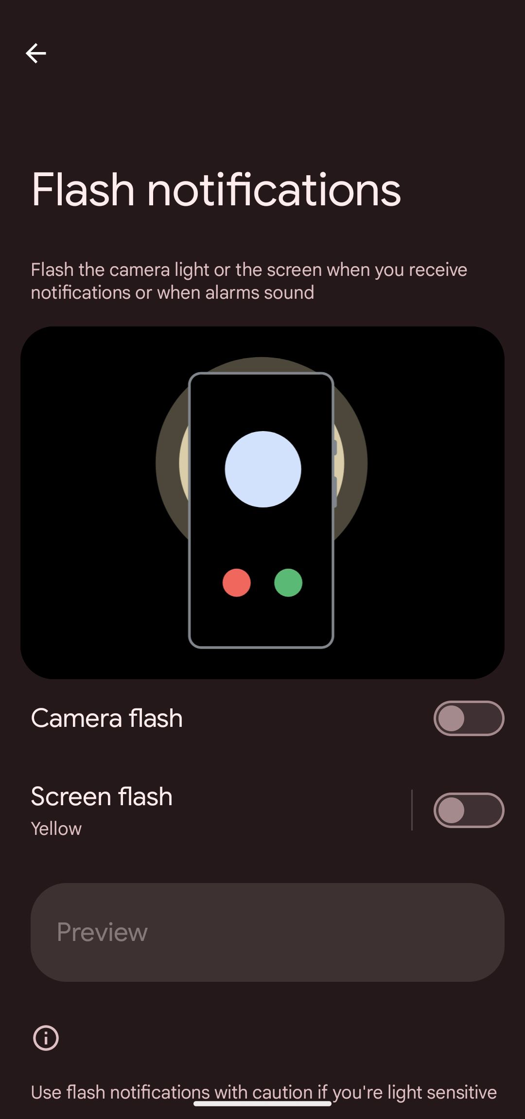 notificações de flash com flash da câmera e alternância de flash da tela