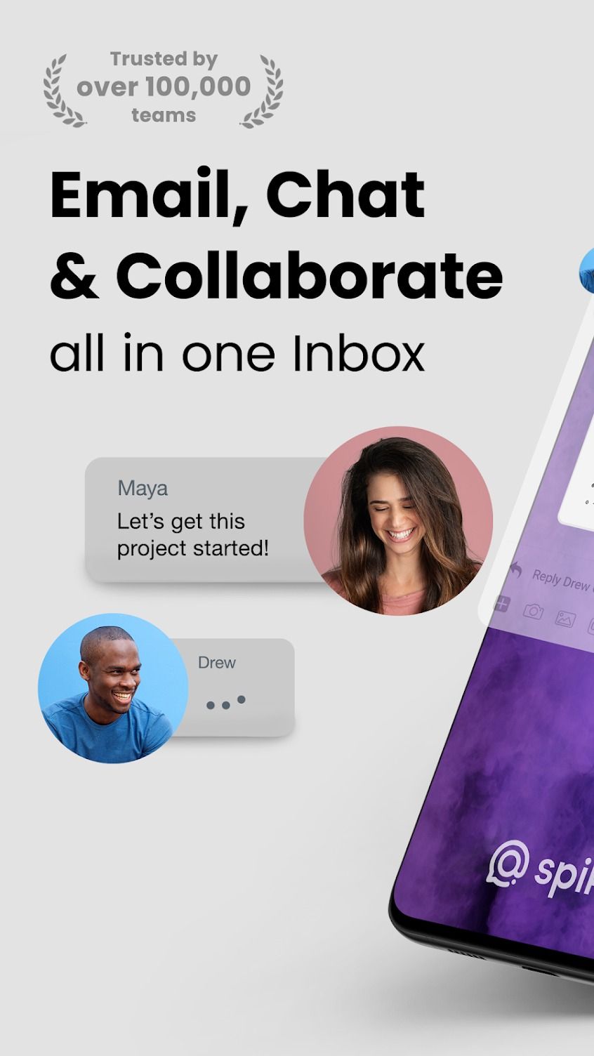 A foto promocional do aplicativo de e-mail Spike para enviar e-mails, bater papo e colaborar, tudo em uma caixa de entrada.