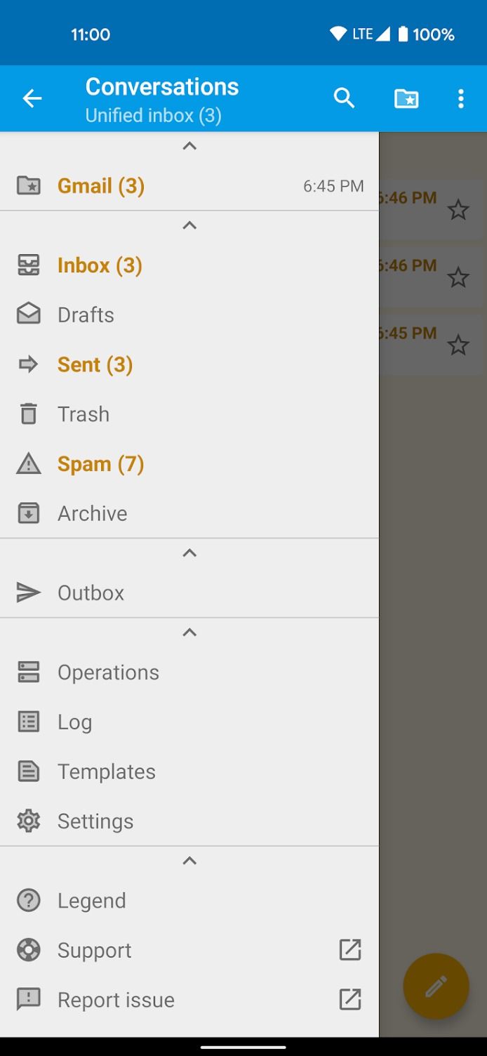 Uma captura de tela da lista da caixa de entrada de alguém no aplicativo FairEmail.