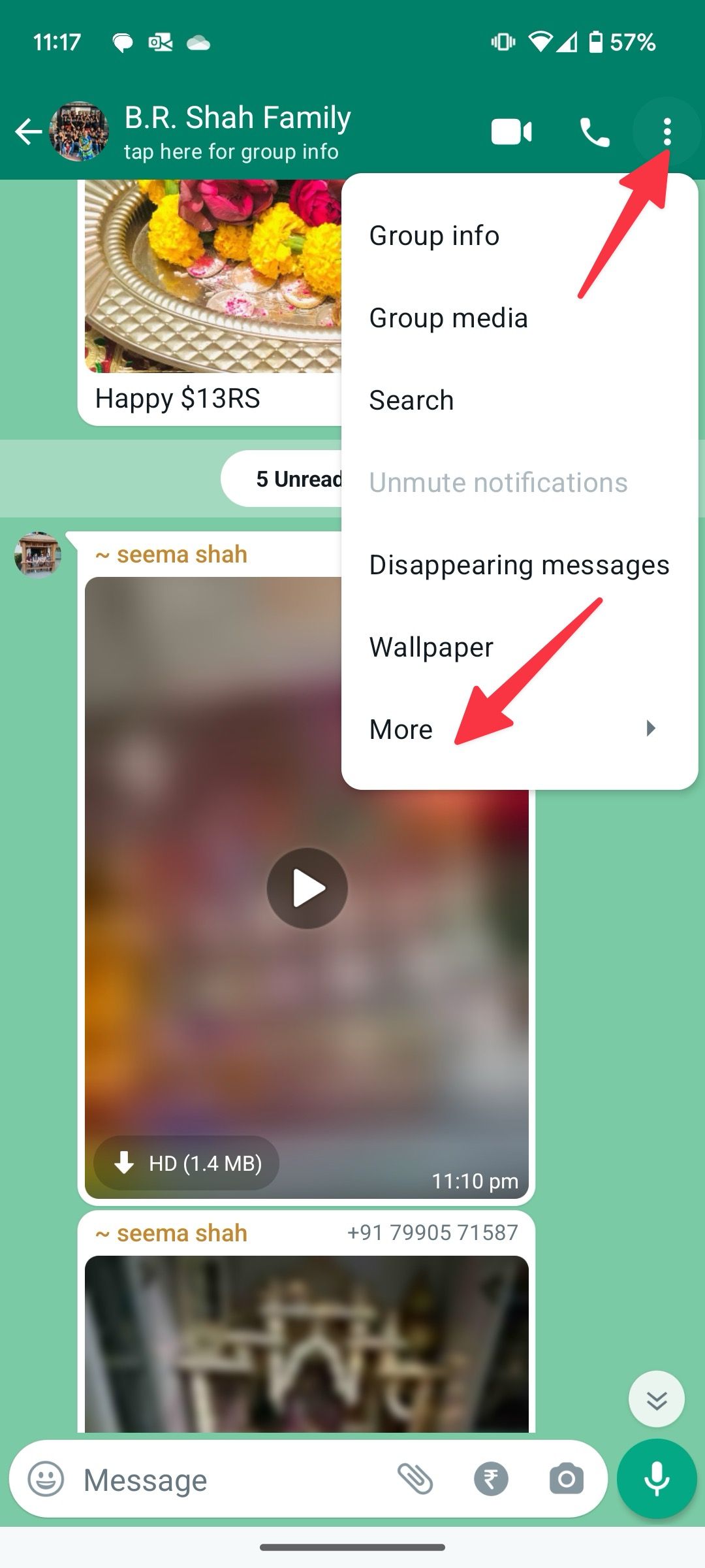 abra mais menu no grupo do Whatsapp