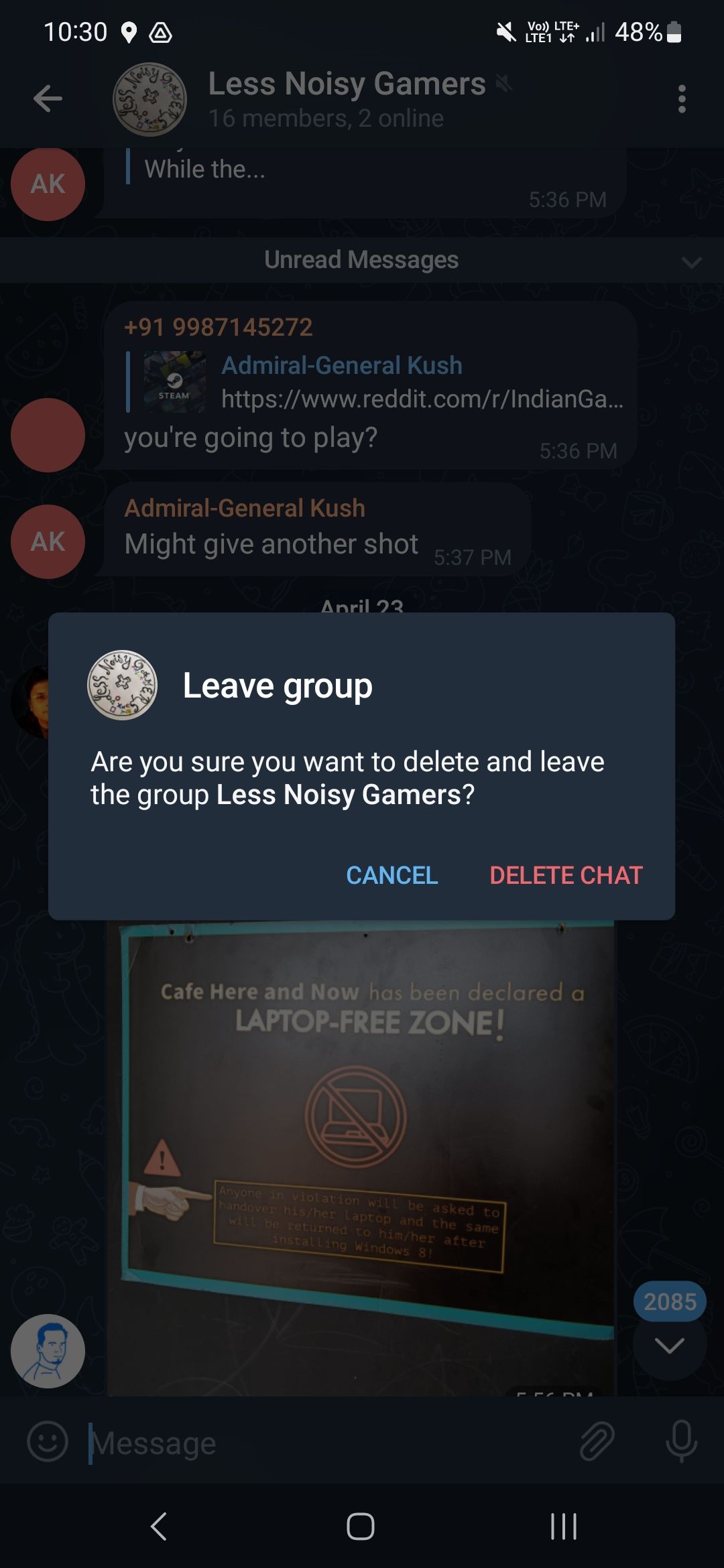 Saindo de um bate-papo em grupo do Telegram