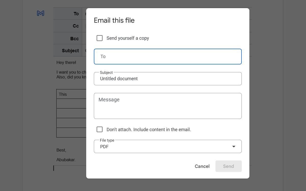 Captura de tela de uma janela de prompt 'Enviar este arquivo por e-mail', mostrando diferentes seções para selecionar o tipo de arquivo e redigir uma mensagem.