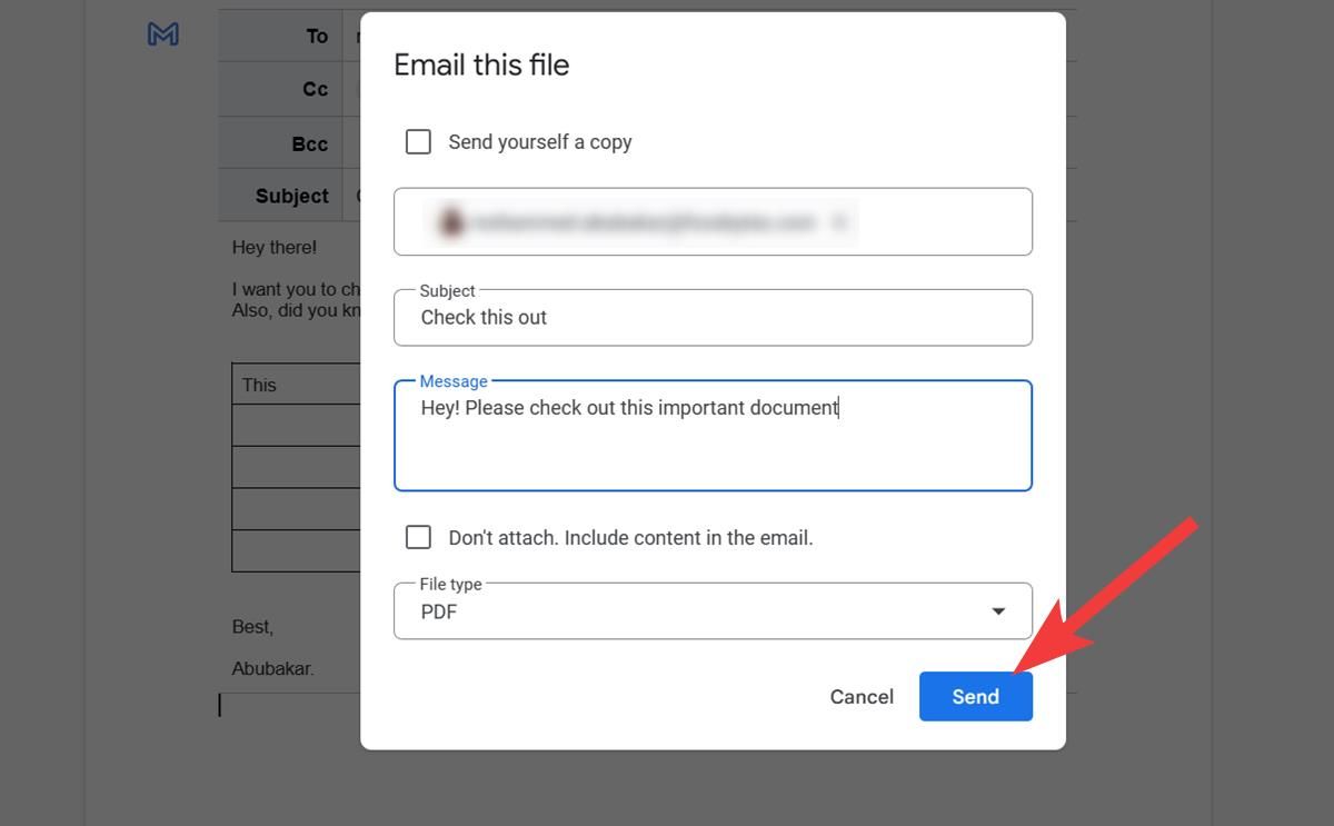Captura de tela de uma janela de prompt 'Enviar este arquivo por e-mail', mostrando diferentes seções para selecionar o tipo de arquivo e redigir uma mensagem, com uma seta destacando o botão 'Enviar'.