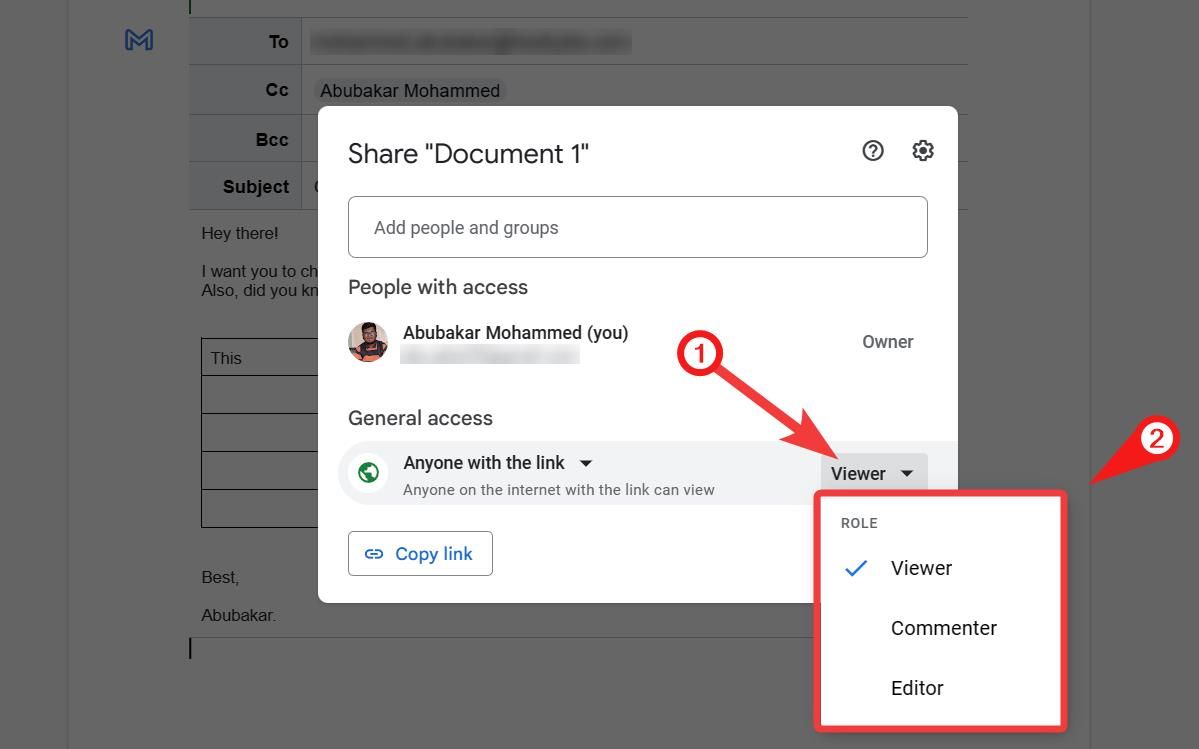 Captura de tela destacando as opções para alterar o tipo de acesso de uma pessoa com quem um arquivo é compartilhado, incluindo funções de 'Visualizador', 'Editor' e 'Comentador'.