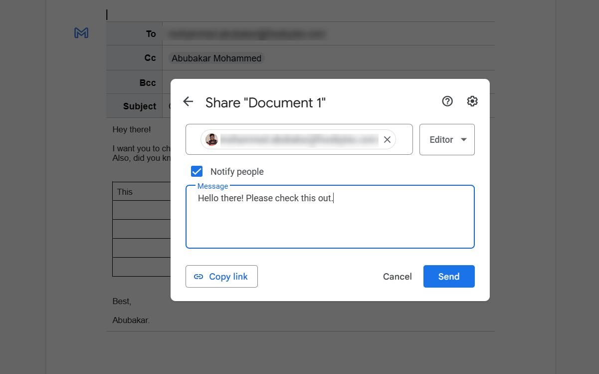 Captura de tela exibindo uma caixa de texto convidando os usuários a inserir uma mensagem sobre o documento que estão compartilhando.