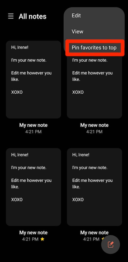 Fixando notas favoritas no topo do aplicativo Samsung Notes