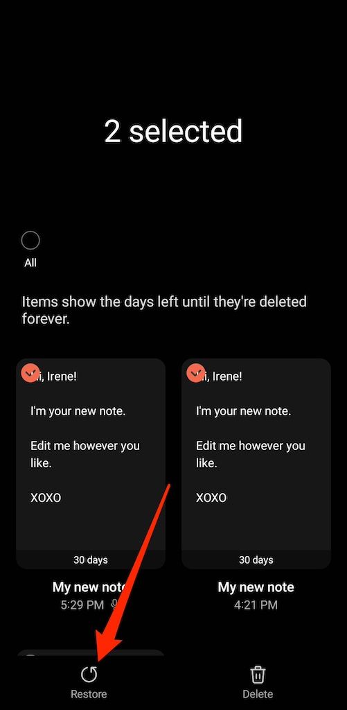Restaurando notas excluídas da lixeira do Samsung Notes