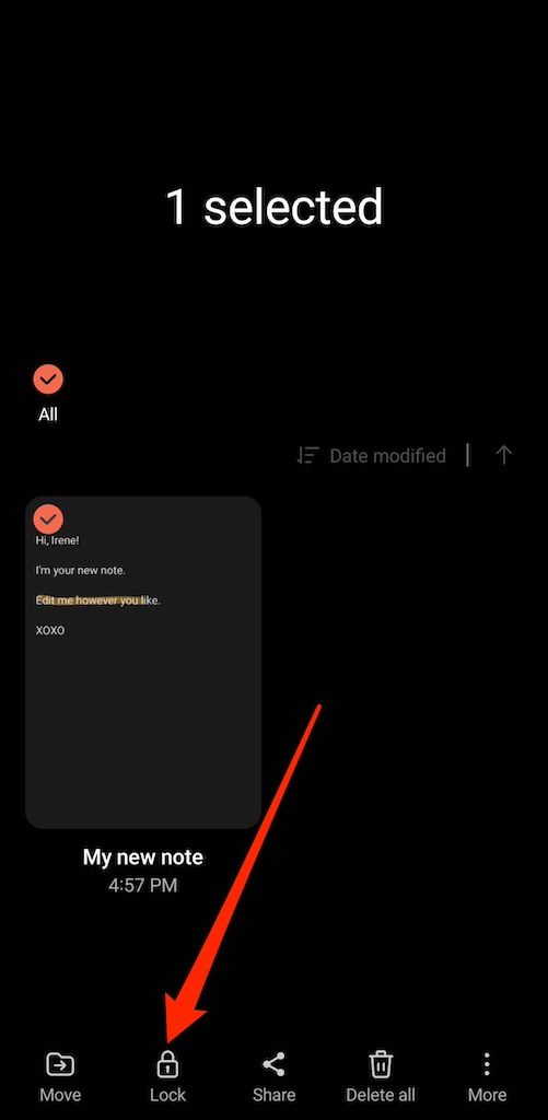 Bloqueando uma nota no aplicativo Samsung Notes