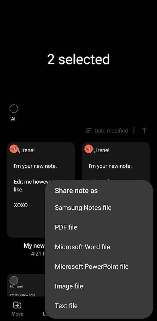 Opções de tipo de arquivo para compartilhar notas no Samsung Notes