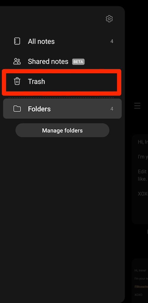 Opção de lixeira no menu do aplicativo Samsung Notes