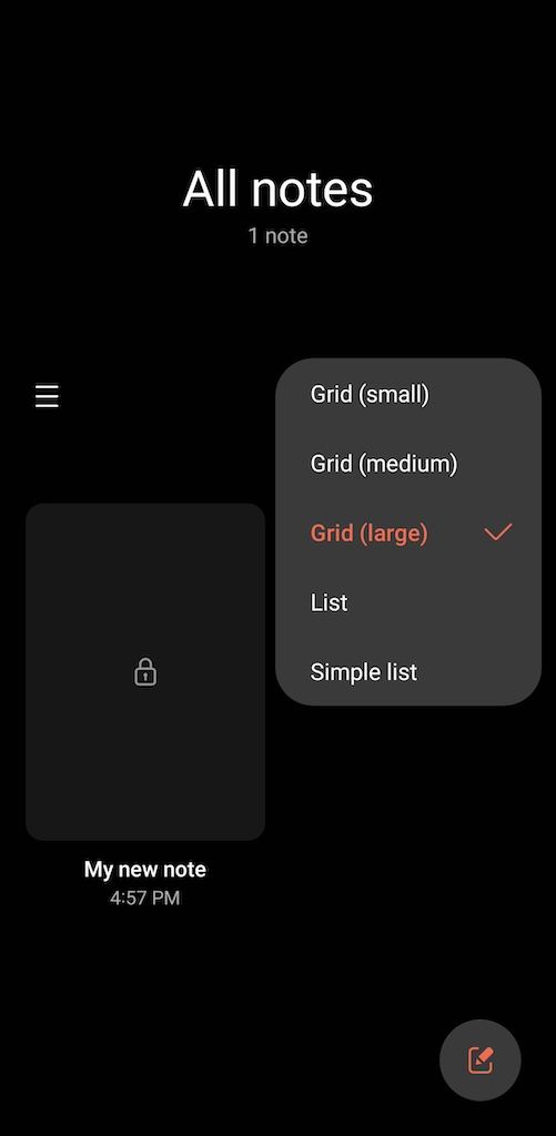 Opções de visualização em grade e lista no Samsung Notes