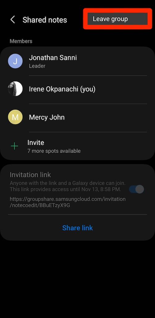 Opção de sair do grupo nas notas compartilhadas da Samsung