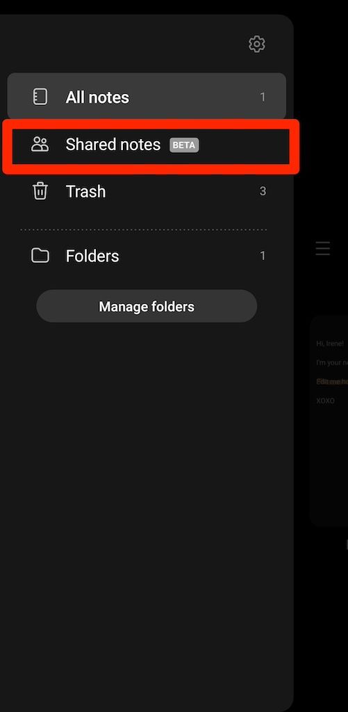 Opção de notas compartilhadas no Samsung Notes