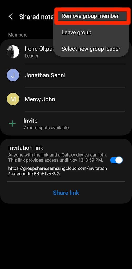 Opções de membros de notas compartilhadas no aplicativo Samsung Notes
