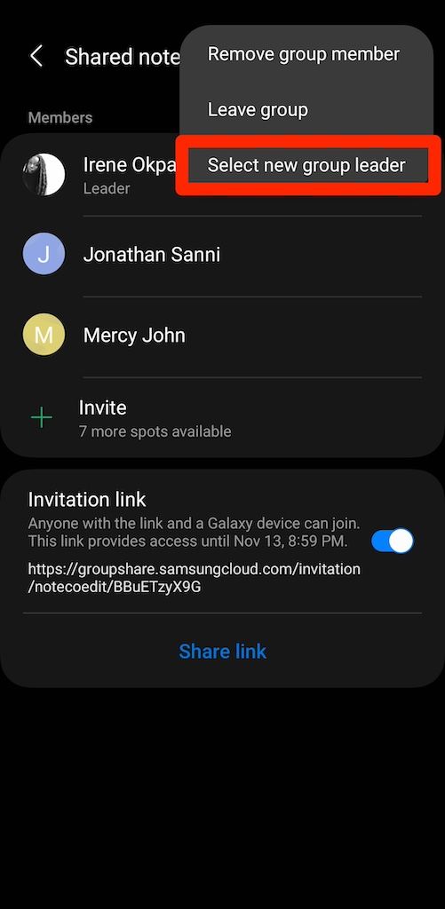 Selecione a nova opção de líder de grupo no menu Samsung Shared Notes