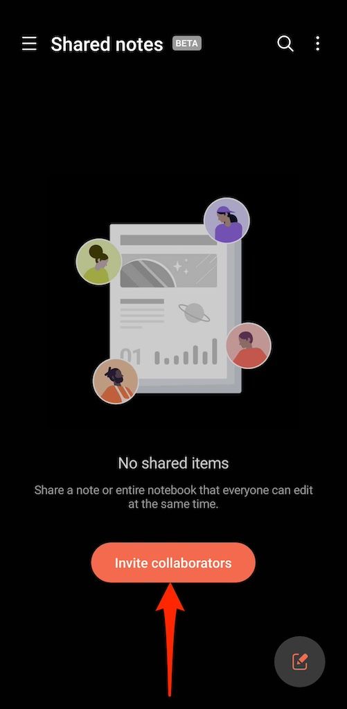 Opção de convidar colaboradores no Samsung Notes