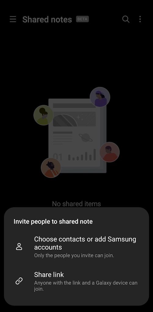 Convide pessoas para opções de notas compartilhadas no aplicativo Samsung Notes