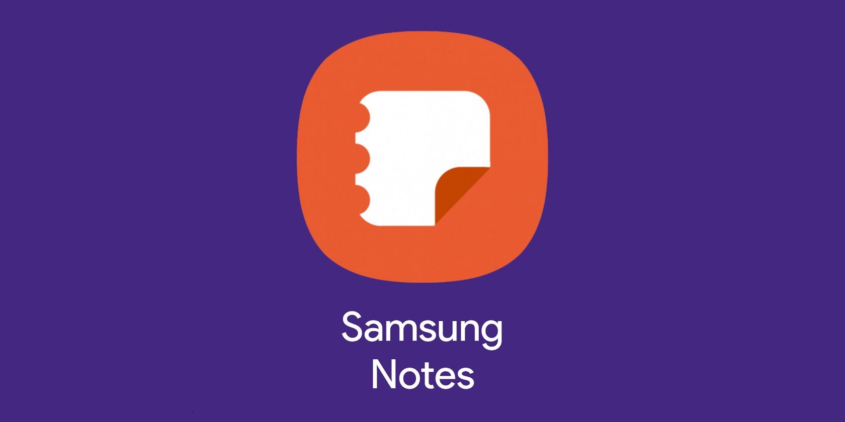 A imagem mostra o logotipo do Samsung Notes com o título correspondente logo abaixo. O fundo é roxo.