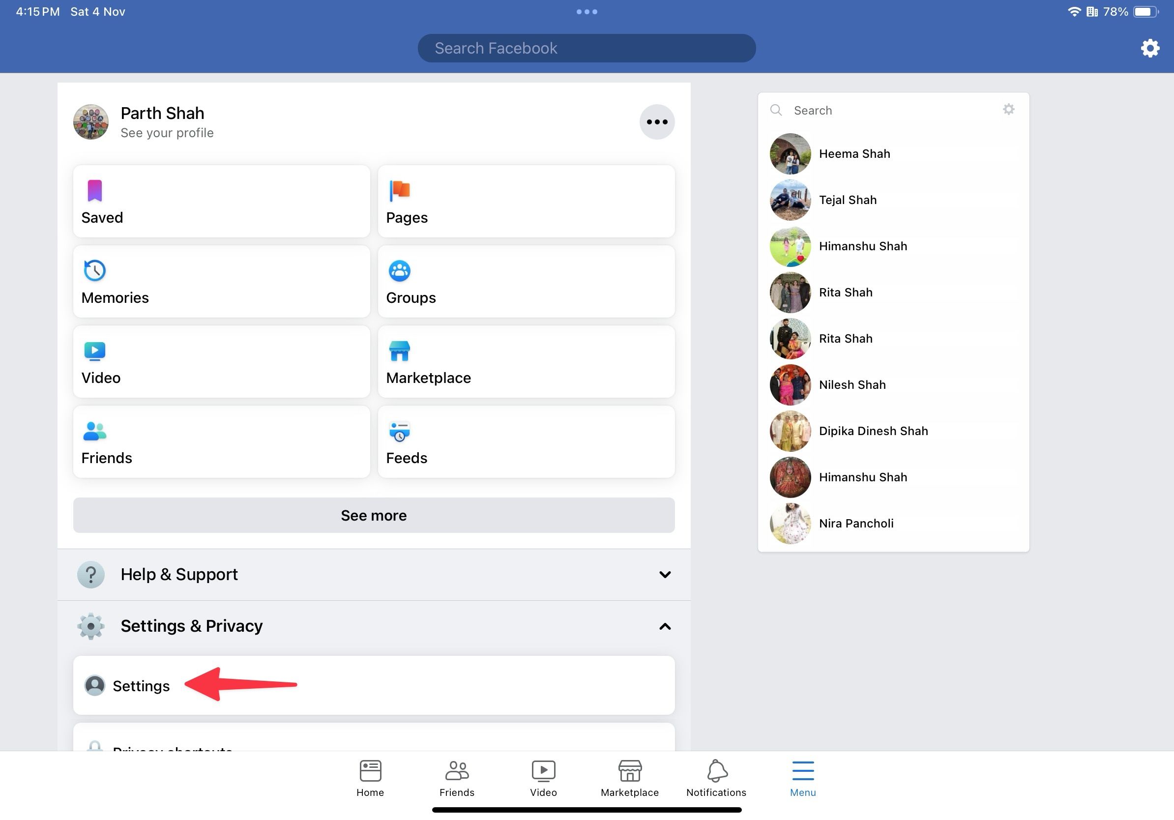 Configurações do Facebook no iPad
