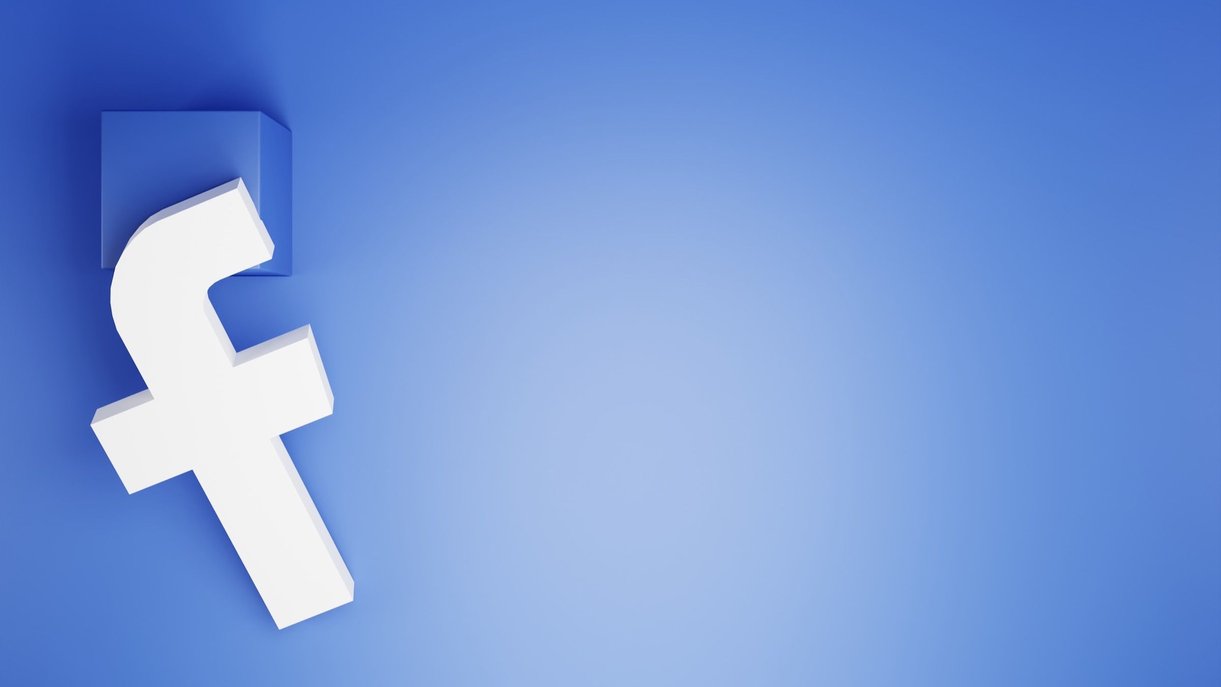 Um logotipo 3D do Facebook no lado esquerdo da imagem com fundo azul