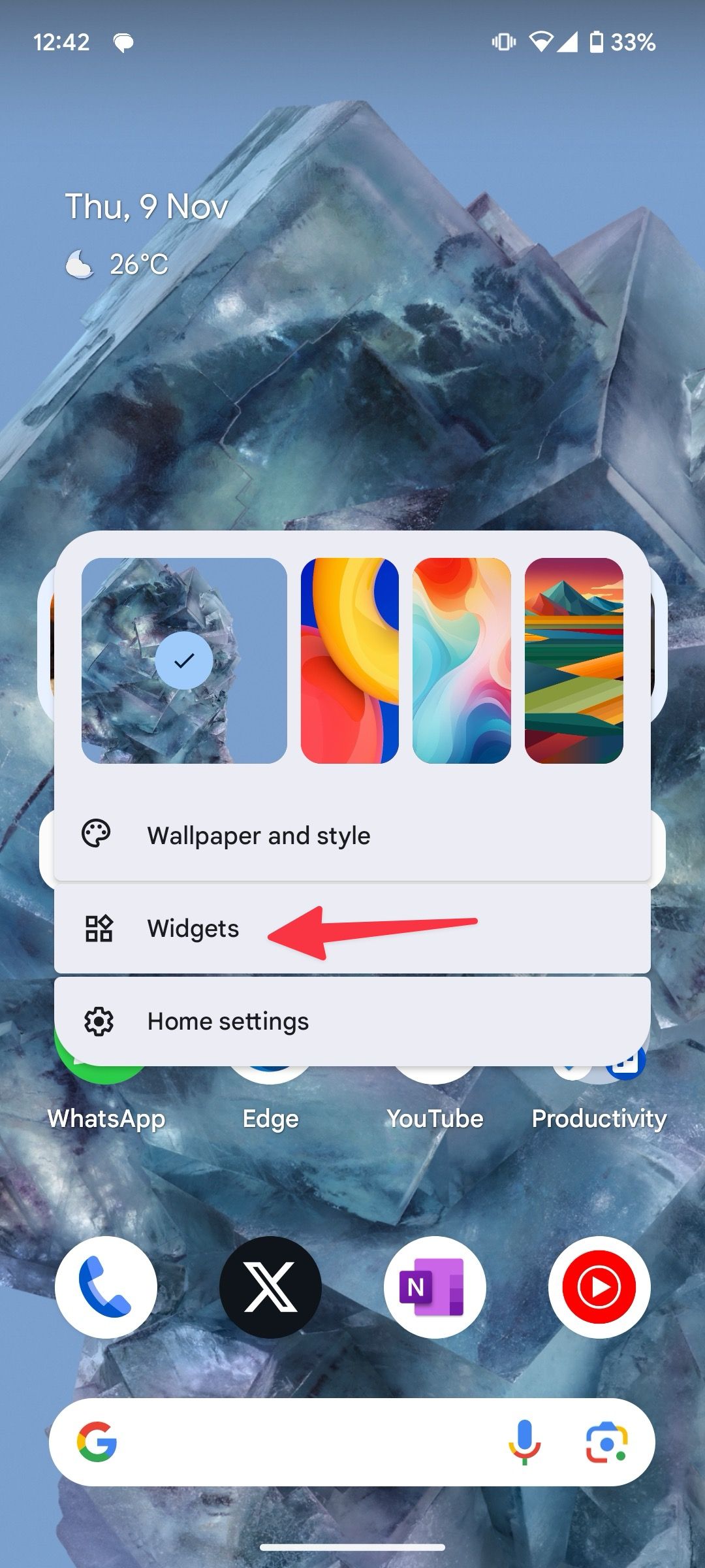 Abra o menu de widgets no Android