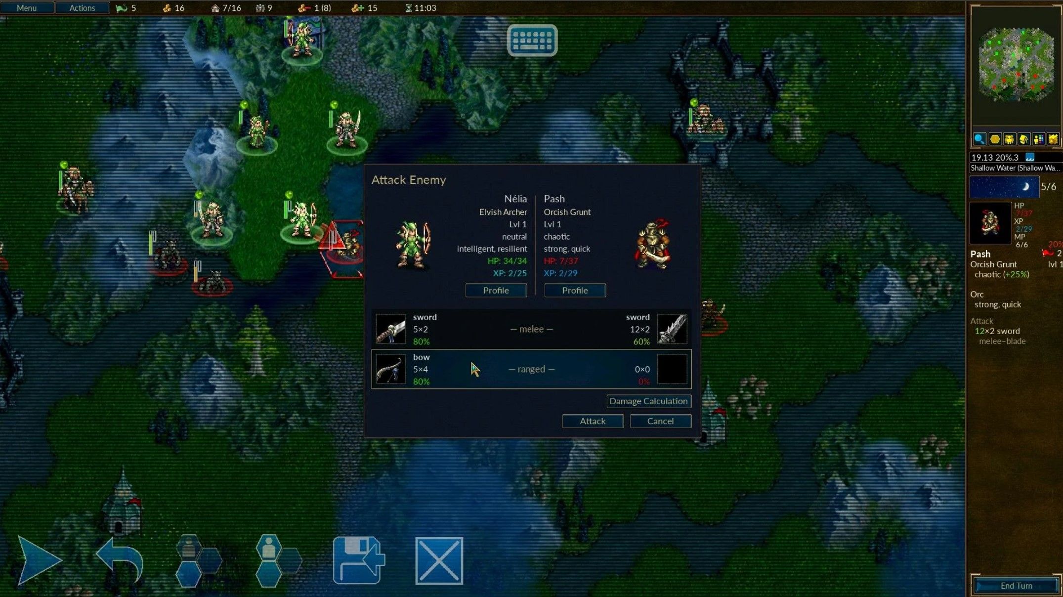 Captura de tela de Battle for Wesnoth mostrando a batalha na planície gramada
