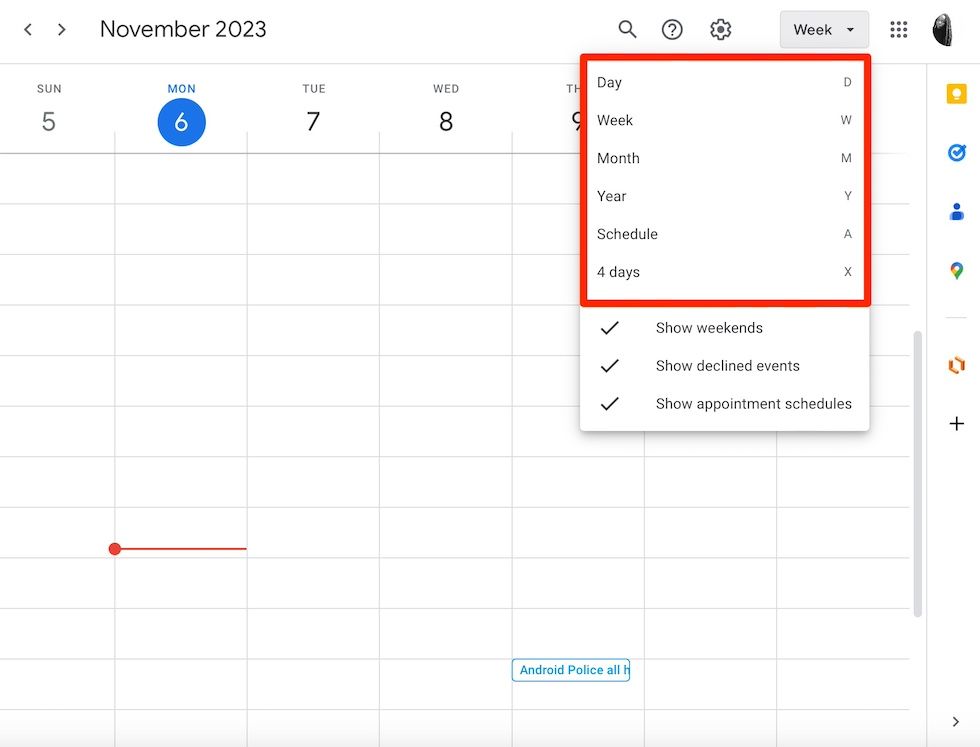 Menu suspenso de visualização do Google Agenda e teclas de atalho