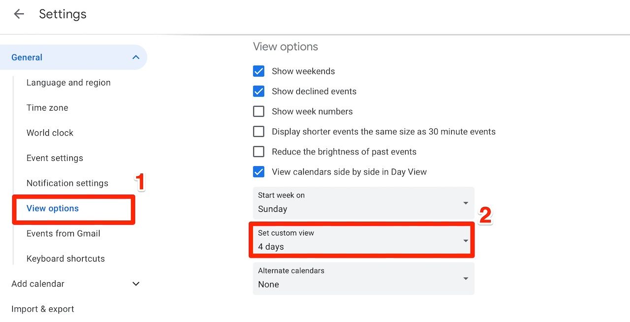 Ver opções no menu de configurações do Google Agenda