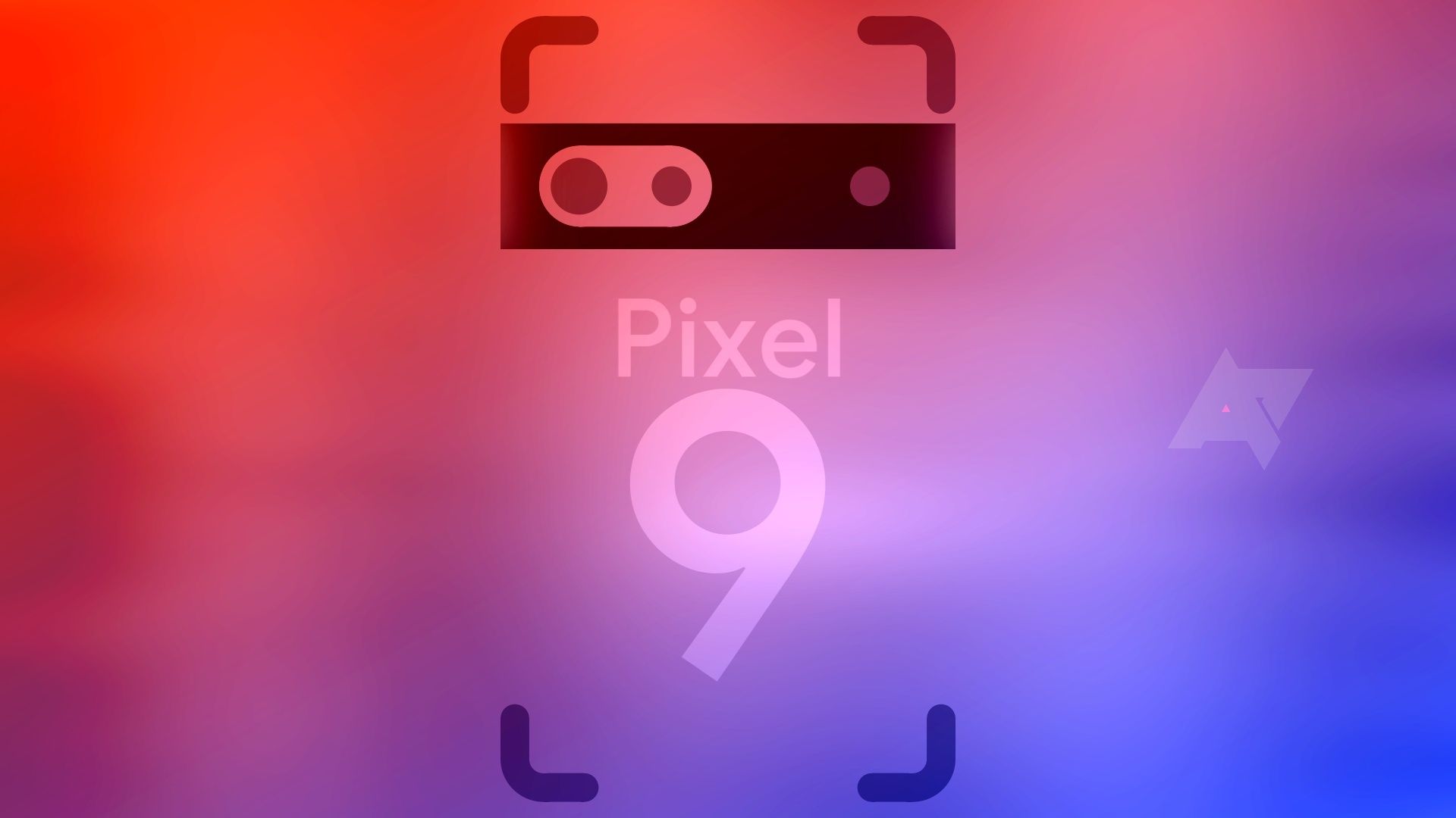 As palavras 'Pixel 9' dentro do contorno de um smartphone contra um fundo laranja e roxo