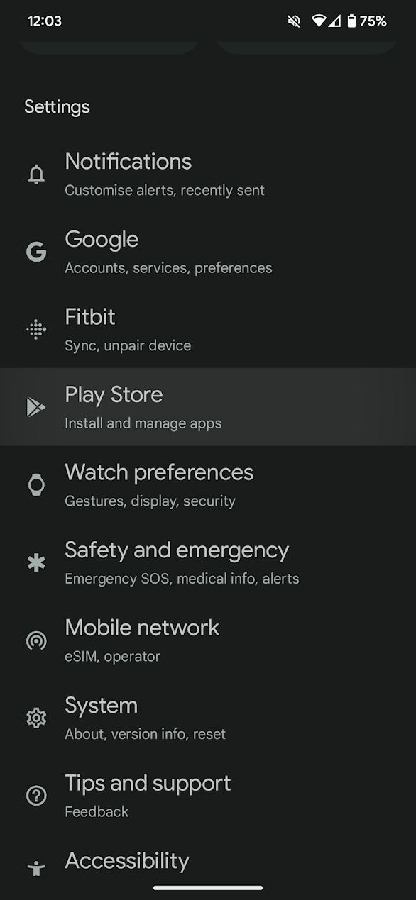 captura de tela do menu de configurações do aplicativo Pixel Watch