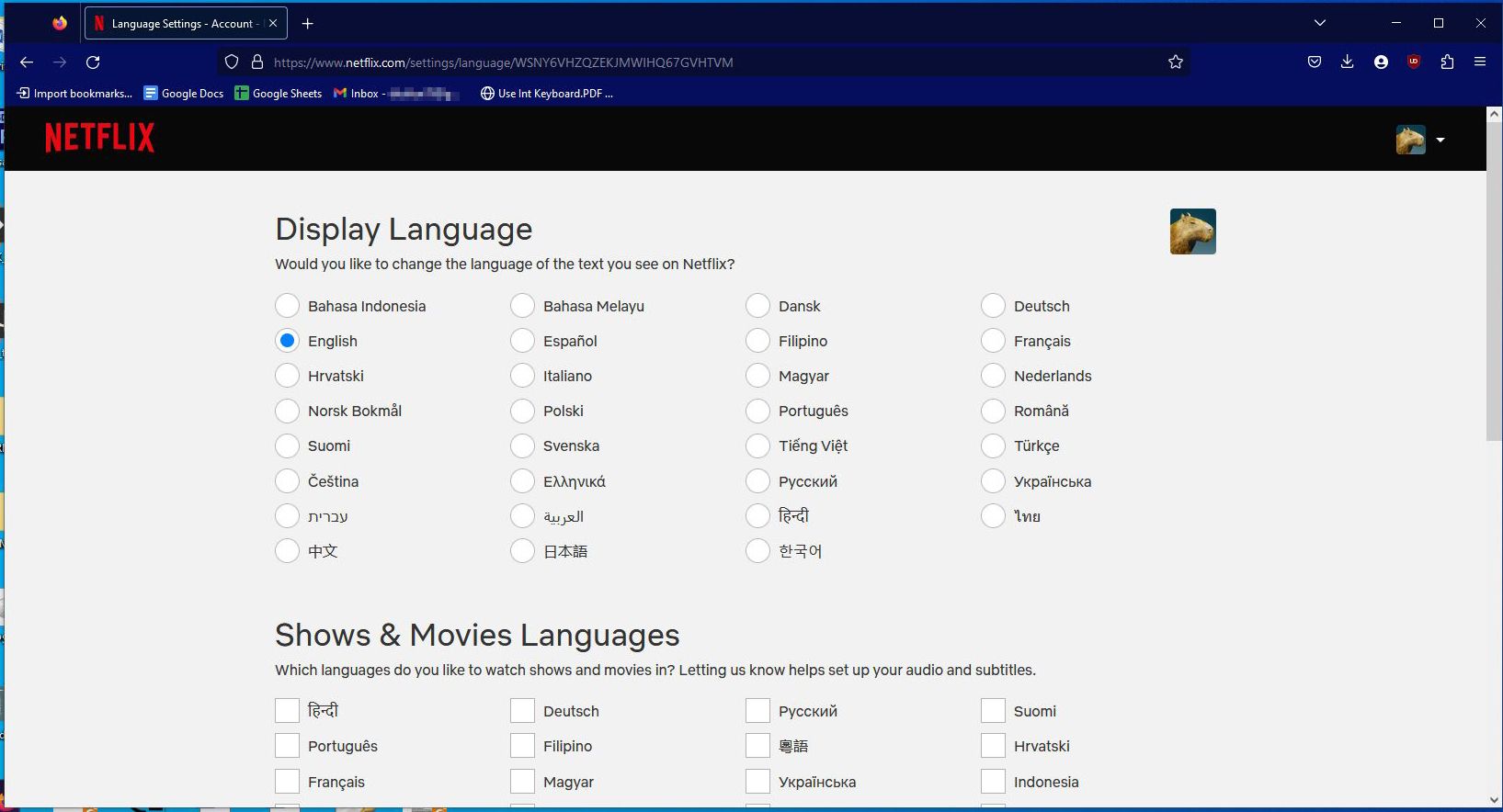 Página de seleção de idioma do navegador Netflix