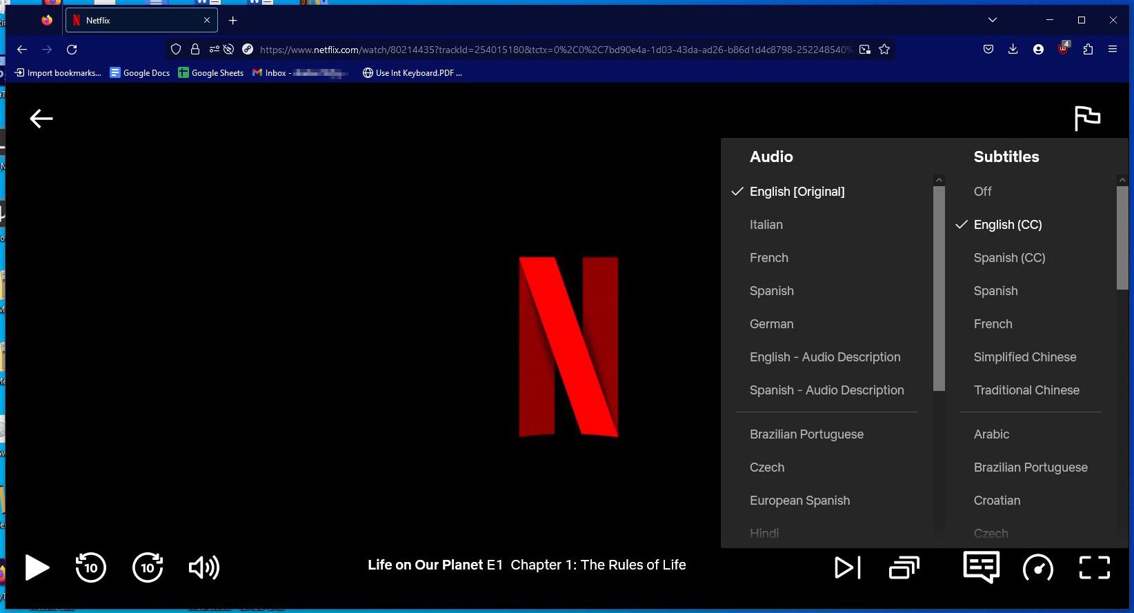 Opções de idioma do menu de pausa na reprodução do navegador Netflix