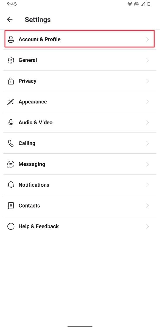 Captura de tela da página de configurações do aplicativo Skype para Android