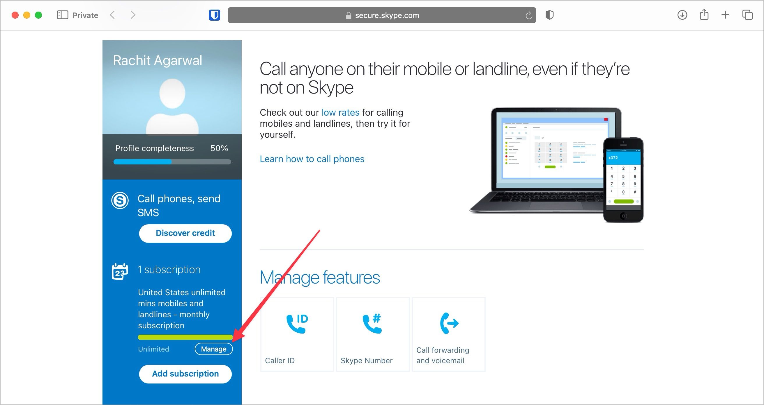 Captura de tela da página da conta do Skype mostrando o botão Gerenciar