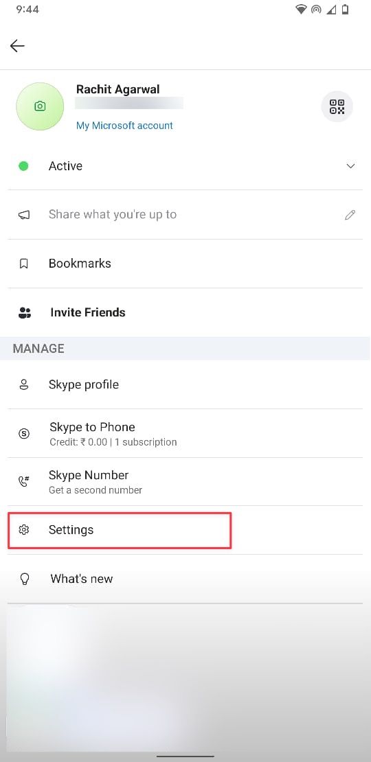 Captura de tela da página de perfil do aplicativo Skype para Android