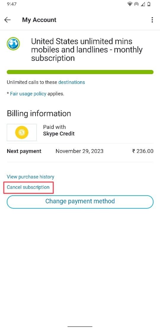 Captura de tela da página Minha conta do aplicativo Skype para Android mostrando a opção de cancelamento de assinatura