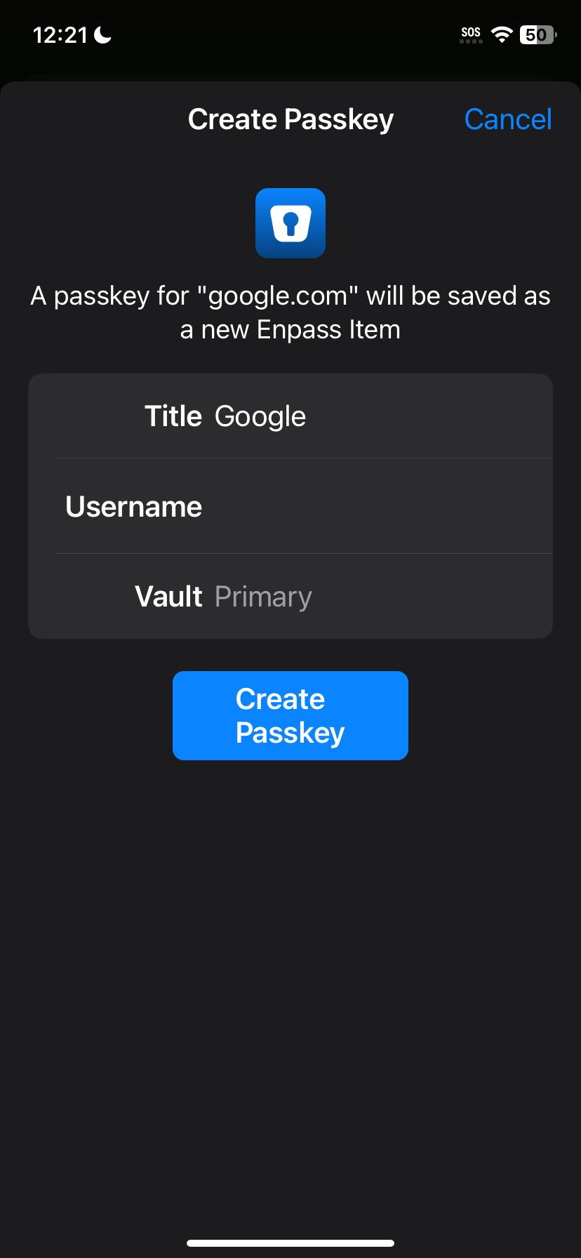 Criar e salvar uma chave de acesso de conta do Google usando o aplicativo Enpass iOS. 