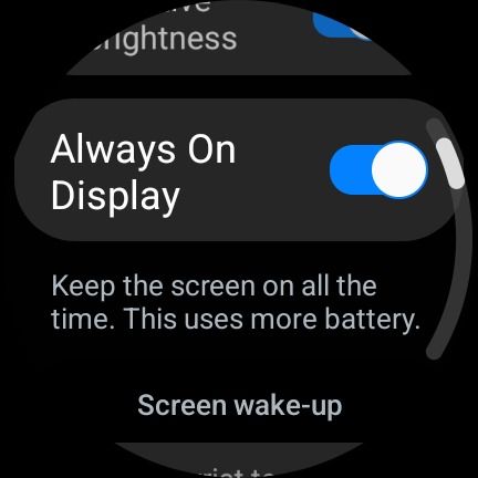 Captura de tela do Samsung Galaxy Watch 6 mostrando a alternância sempre em exibição