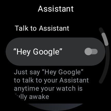 Captura de tela do Samsung Galaxy Watch 6 mostrando a alternância do Hey Google