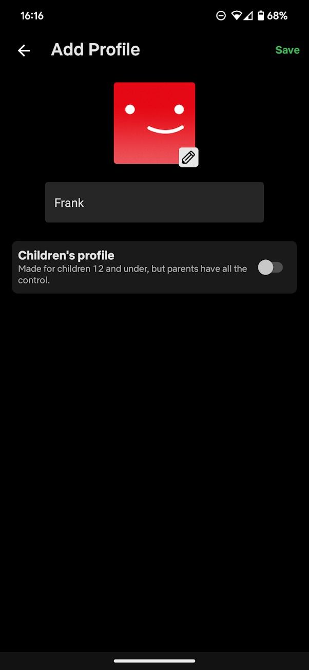 captura de tela da janela para adicionar perfil no Netflix Mobile