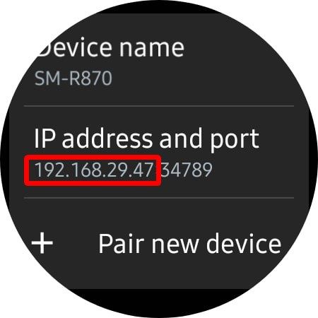 Captura de tela mostrando o endereço IP do Galaxy Watch 4