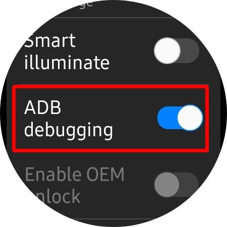 Captura de tela mostrando a opção ADB Debugging no Galaxy Watch 4