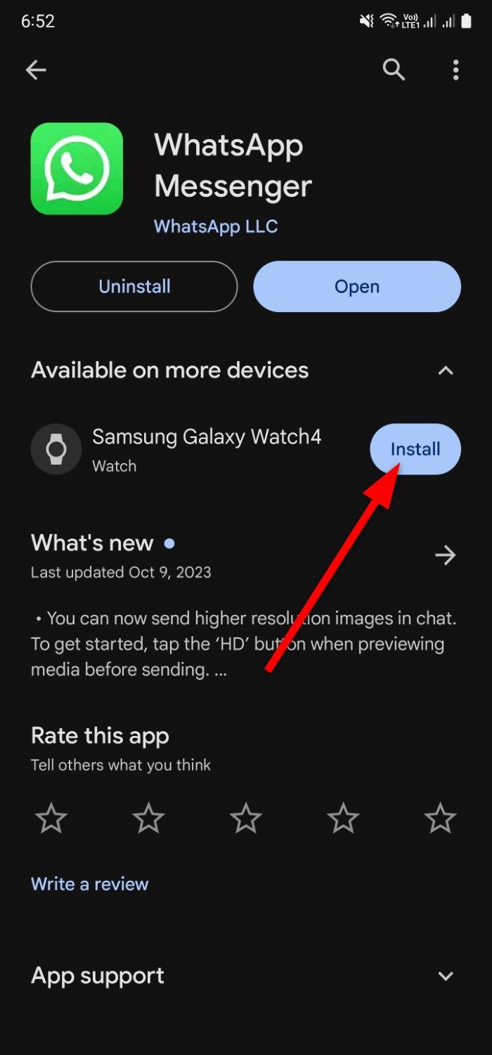 O WhatsApp Messenger na Google Play Store com o botão Instalar em destaque.