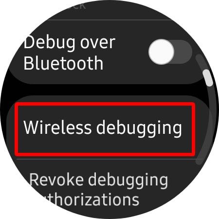 Captura de tela mostrando a opção de depuração sem fio no Galaxy Watch 4
