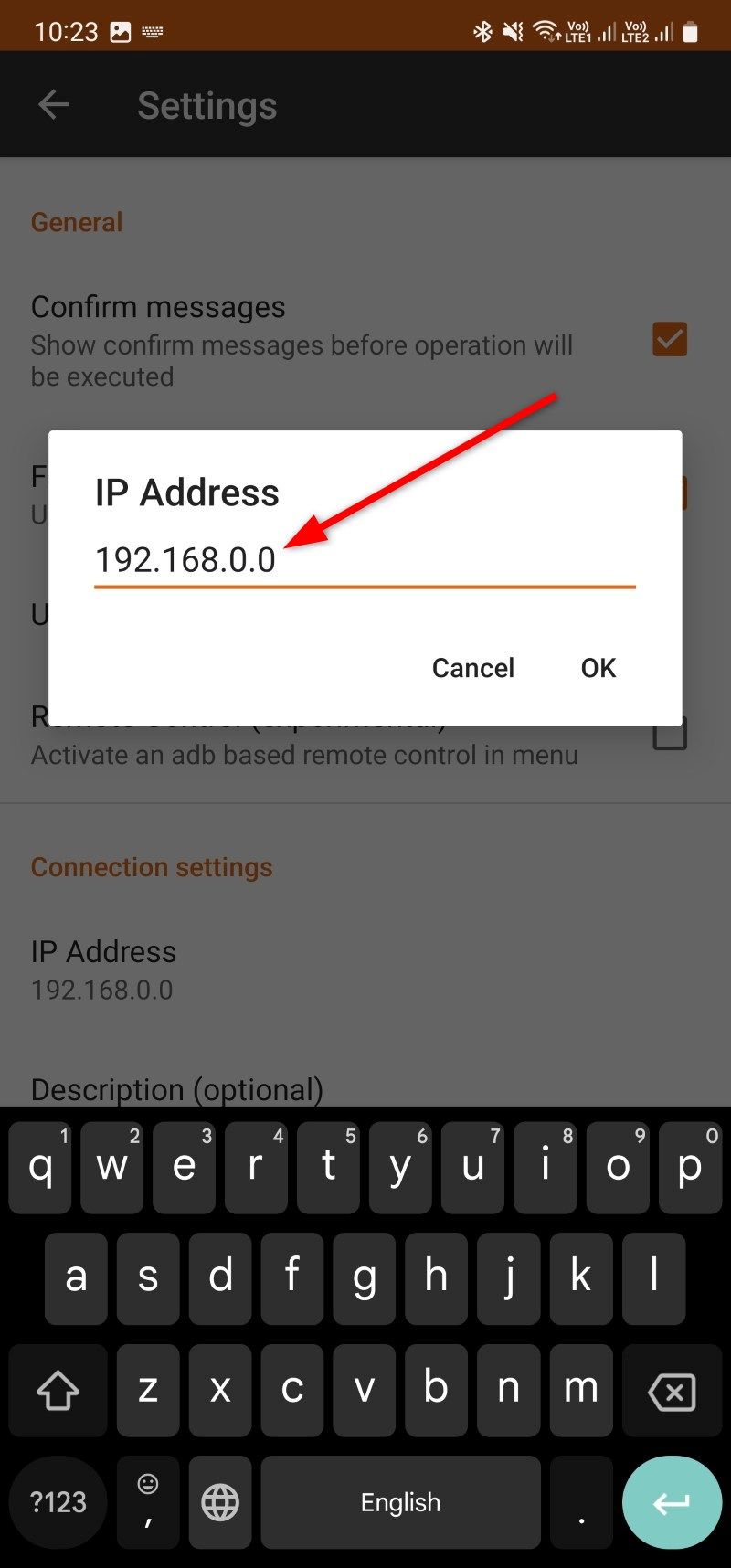Captura de tela mostrando a seção para inserir o endereço IP manualmente no aplicativo Easy Fire Tools