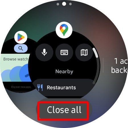 Captura de tela mostrando a opção fechar todos os aplicativos recentes no Galaxy Watch 4