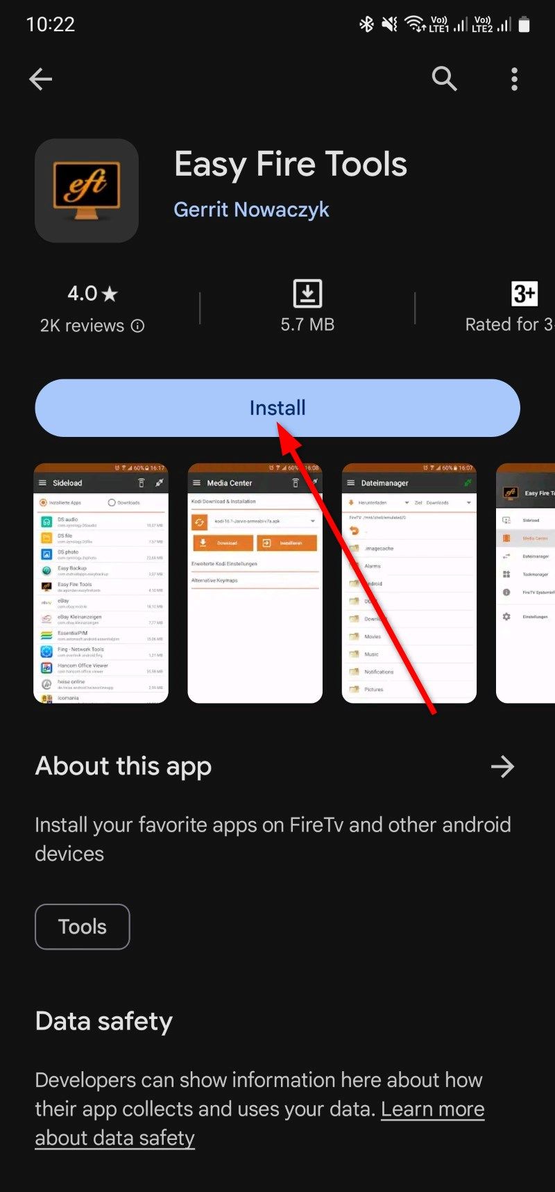 Captura de tela mostrando o aplicativo Easy Fire Tool na Play Store